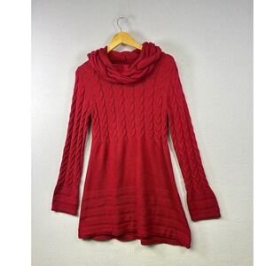 Grace Elements Cable Knit Sweater Tunic Womens L Red Cowl Neck Long Slev